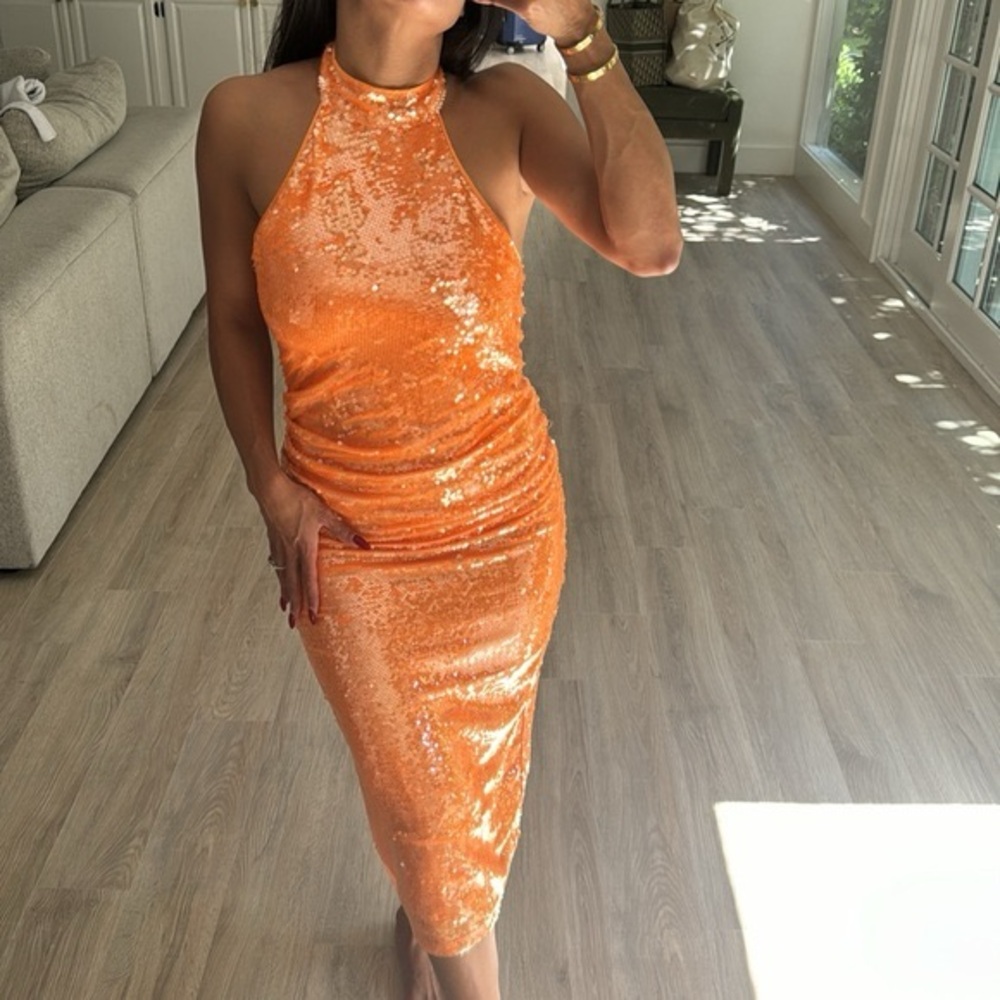 CAROLINE CONSTAS Orange Halter Fully Lined Midi Sequin Dress